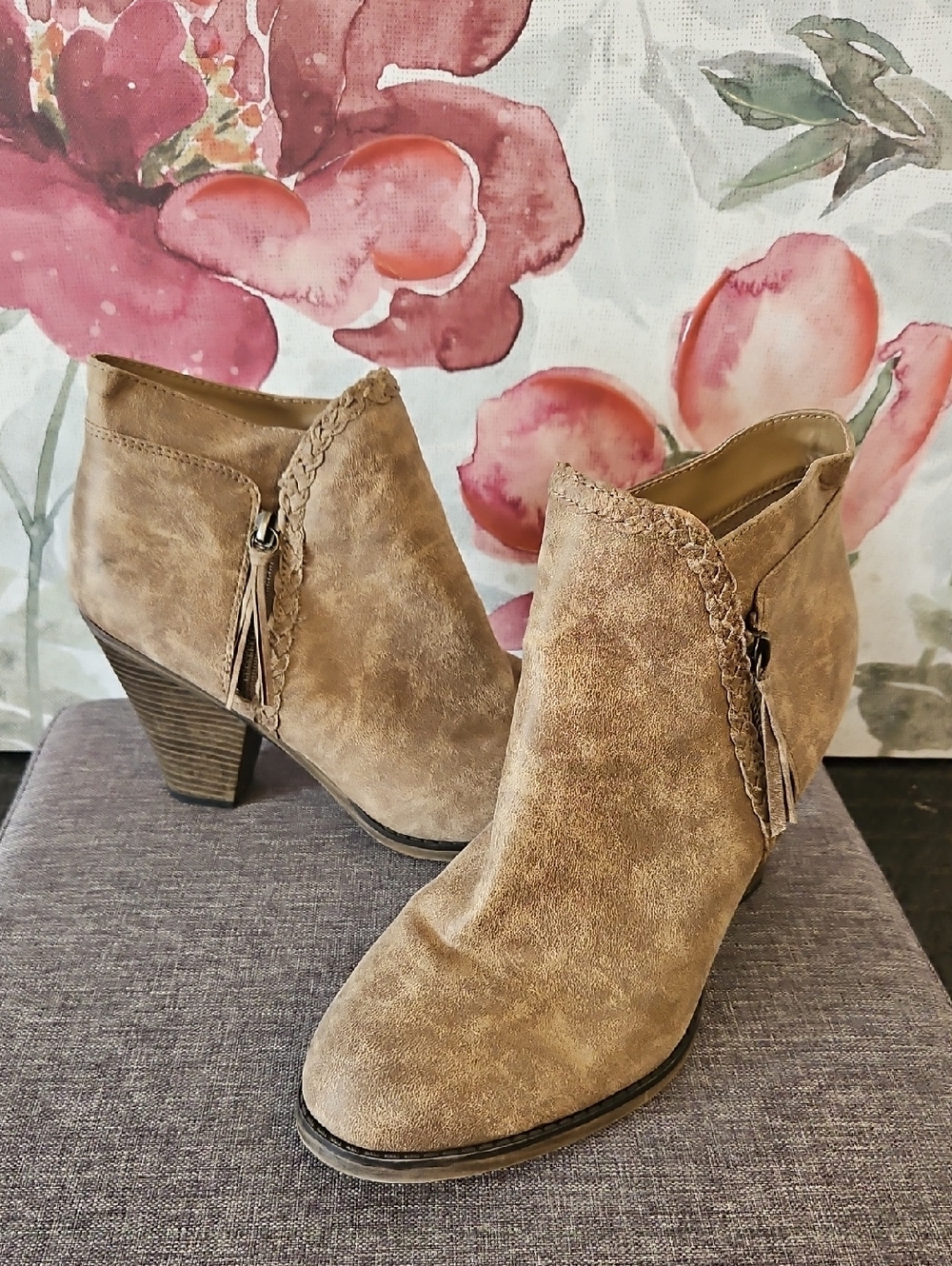Maurices Taupe Suede Braided Tassel Ankle Booties